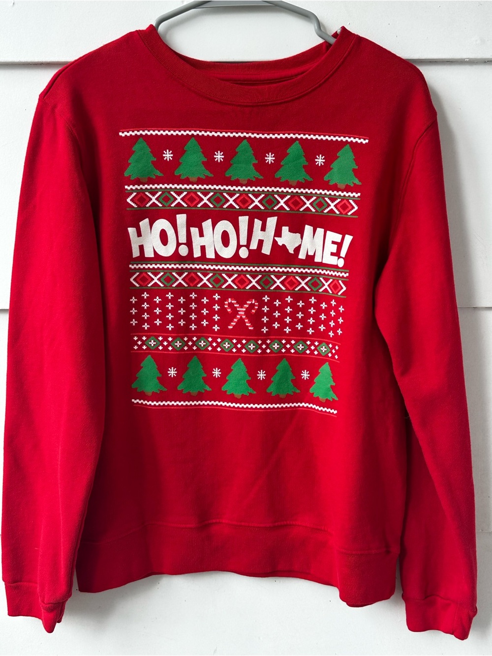 Holiday 'HO! HO! HOME' Red Christmas Sweatshirt with Green Tree Print